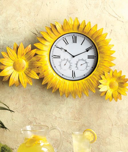 Absolutely love this Sunflower Clock. It has another function too - it's also a thermometer. #goodhousekeeping #happyroom #casa #house #decoración #decoration #cool  #elgranconstructor VER http://elgranconstructor.com/ Large Outdoor Clock, Sunflower Clock, Outdoor Wall Clocks, Sunflower Theme, Happy Room, Outdoor Clock, Lakeside Collection, Sunflower Art, Charming Garden