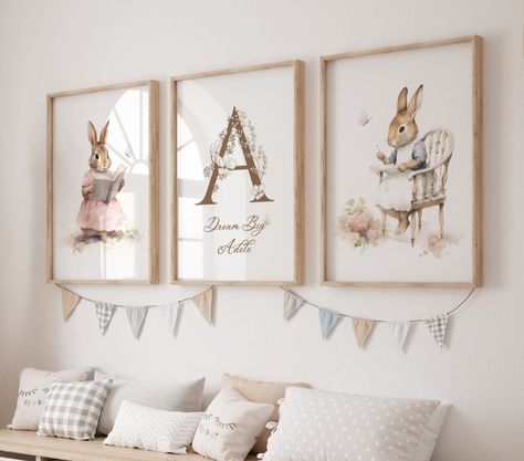 Nursery Wall Art Printable, Bunny Rabbit Print, Set of 3, Custom Nursery Name, Baby Girl Print, Nursery Decor Girl, Personalised Nursery, 25 Baby Room Wall Art Girl, Baby Girl Nursery Bunny Theme, Bunny Themed Nursery, Baby Girl Nursery Bunny, Baby Girl Nusery, Bunny Nursery Theme, Baby Room Paintings, Kids Bedroom Organization, Baby Room Wall Art