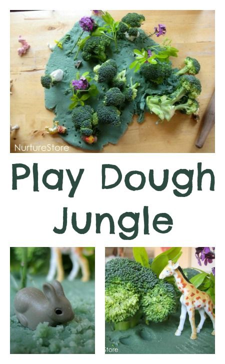 Jungle small world :: play dough fun On offer today we had some homemade green play dough, some leaves and flowers picked from the garden, and a few stalks of broccoli. What could we make? Jungle Small World, Babyroom Girl, Preschool Jungle, Jungle Activities, Jungle Thema, Dough Ideas, Dear Zoo, Tuff Spot, Eyfs Activities