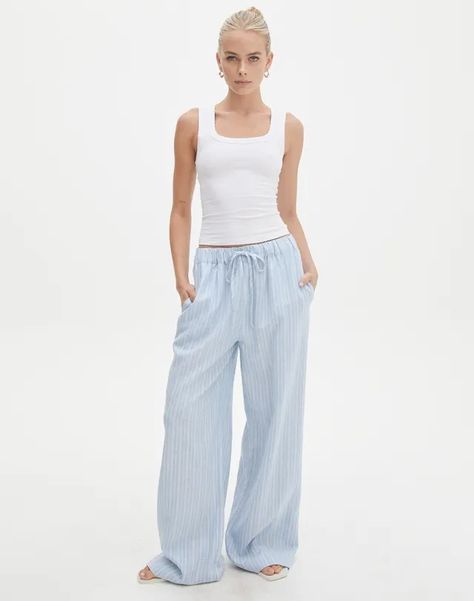 Women's Linen Clothing | Summer Essentials | Glassons Relaxed Pants Women Outfit, Linen Pants Striped, Striped Linen Pants Outfit, Blue Linen Pants Outfit, Striped Pants Outfit, Linen Striped Pants, Linen Pants Outfit Summer, Blue Striped Pants, Blue Linen Pants