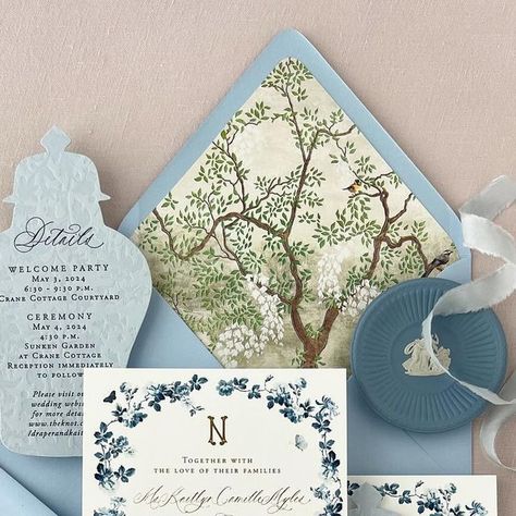 Nicole | Invitation Designer on Instagram: "Classic blues < 💙 > featuring blue and gold foils and a vase details card shape in this chinoiserie inspired suite . . . . #fineartcuration #fineartcalligraphy #weddinginspiration #weddingideas #weddingday #weddingplanner #weddinginspo #weddingphotography #bridetobe #weddingcalligraphy #weddingdetails #marthastewartweddings #weddingstyle #weddingvenue #weddingplanning #southernwedding #luxurypaper #weddingdetail #weddingceremony #weddingdecorations #paperlove #weddingphotographer #luxuryweddingplanner #filmphotography #chinoiserie #weddingpapergoods #destinationwedding #fine art wedding #weddinginvitation #realwedding" Chinoiserie Wedding Invitation, Ginger Jar Wedding, Blue Willow Wedding, Chinoiserie Wedding, Wedding Web, Classic Blues, Wedgewood Wedding, Luxury Wedding Planner, Wedding Calligraphy