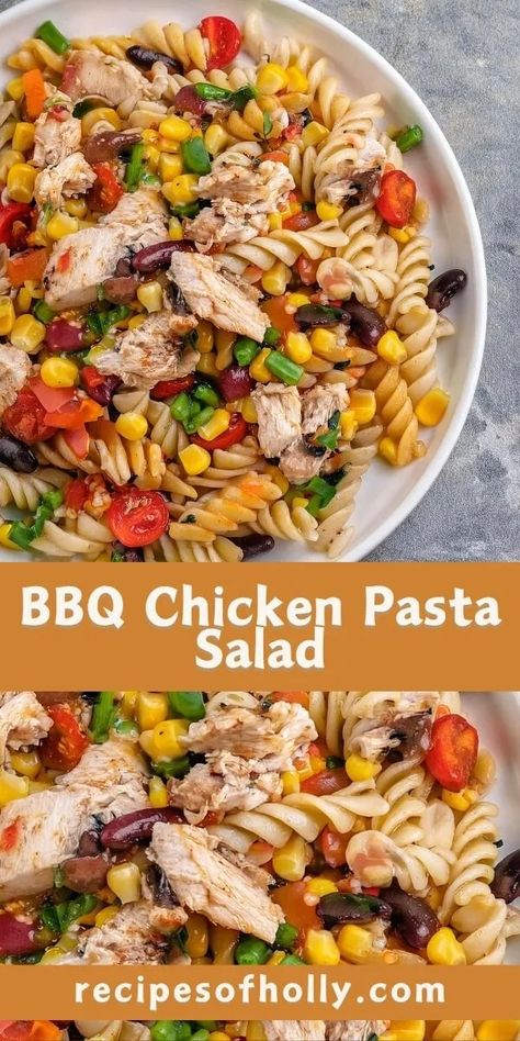 BBQ Chicken Pasta Salad - Recipes of Holly Bbq Chicken Pasta Salad, Bbq Chicken Pasta, Pasta With Mayonnaise, Chicken Pasta Salad Recipes, Pasta Making, Chilled Desserts, Chicken Pasta Salad, Chicken Burritos, Small Pasta