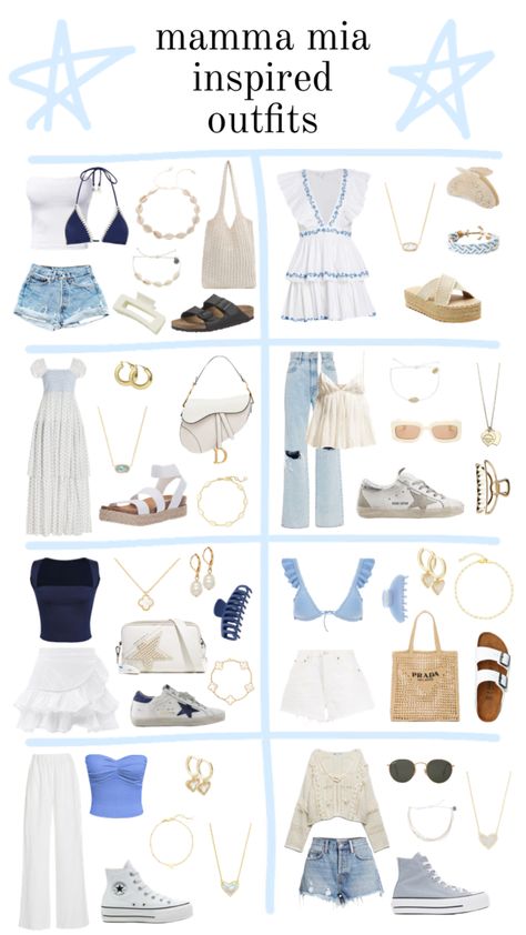 Greek Style Dress Summer Outfits, Mamma Mia Inspired Fits, Mamma Mia Inspired Jewelry, Mama Mia Outfits Sophie, Mamma Mia Wardrobe, Momma Mia Theme Party Outfits, Mamma Mis Outfits, Mama Mia Birthday Theme Outfit, Blue And White Outfit Ideas For Party