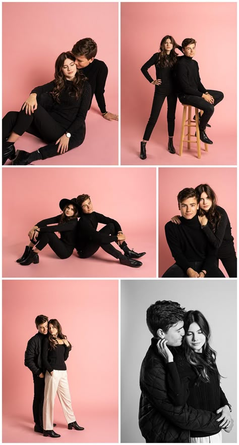 Fashion-Inspired Pink Studio Engagement Session | em & co photography Studio Photoshoot Outfit Ideas, Couple Studio Photoshoot, Camera Poses, Photoshoot Outfit Ideas, Studio Photoshoot Ideas, Wedding Photo Studio, Couples Modeling, Studio Poses, Studio Photography Poses