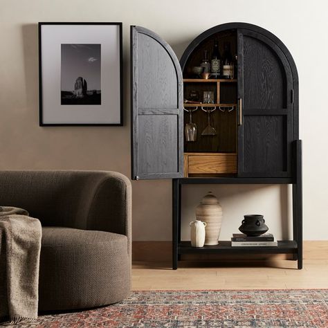 Dining Room | Tolle Bar Cabinet-Drifted Oak Solid Black Bar Cabinet, Solid Wood Armoire, Cast Iron Beds, Wood Armoire, Reclaimed Doors, Iron Bed, Four Hands, Bar Cabinet, All Modern