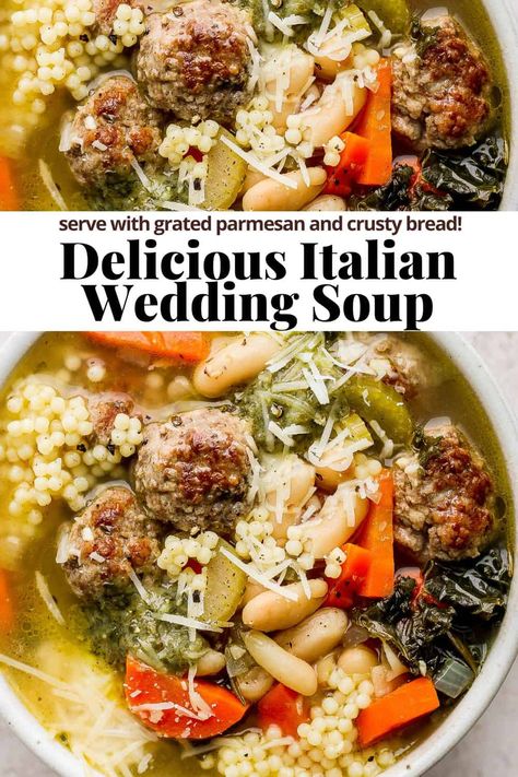 Camp Soup, Easy Italian Wedding Soup, Chicken And Dumplin Recipe, Pork Soup Recipes, Wedding Soup Recipe, Italian Wedding Soup Recipe, Italian Soup Recipes, Shaved Parmesan, Crockpot Soup