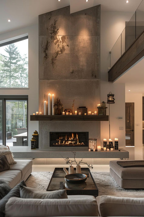 40 Stunning Modern Mantel Decor Ideas for a Beautiful Living Space Long Fireplace Ideas, Cathedral Ceiling Fireplace Wall, Wrap Around Hearth Fireplace, High Ceiling Fireplace Wall Modern, Modern Fireplace Tall Ceilings, Modern Country Style Living Room, Tv Wall Ideas With Fireplace, Tall Fireplace Wall High Ceilings Minimalist, Two Sided Fireplace Ideas Indoor Outdoor