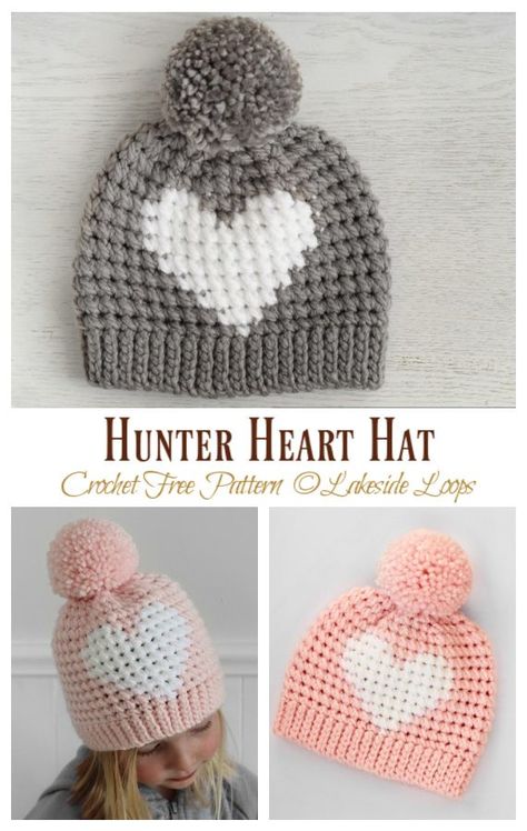 Hunter Heart Hat Crochet Free Pattern Toddler Hat Crochet, Easy Crochet Gifts, Cap Design Ideas, Hat Crochet Patterns, Winter Hat Crochet Pattern, Crochet Toddler Hat, Crochet Stocking, Hat Patterns Free, Crocheted Hats