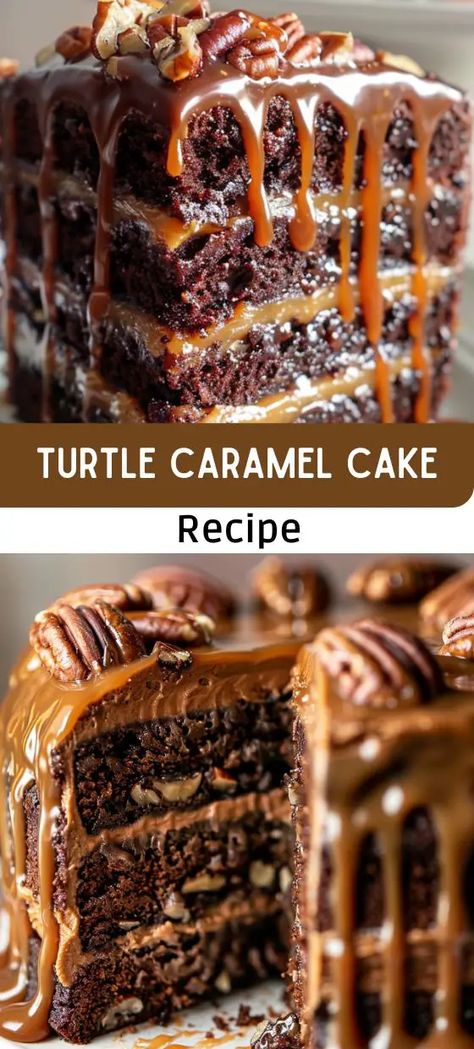 Turtle Caramel Cake Gourmet Cake Recipes, Turtle Bundt Cake, Desert Hacks, Turtle Cake Recipe, Caramel Cake Recipe, American Foods, Birthday Cake Decorating Ideas, Turtle Cake, Cakes Chocolate