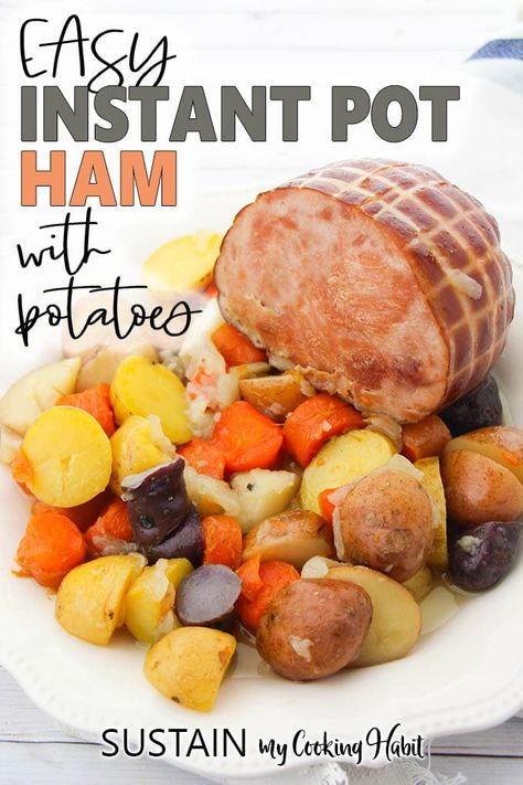 This savory instant pot ham recipe with potatoes and carrots is an easy and quick meal idea the whole family will enjoy. Instant Pot Ham And Potatoes, Instant Pot Ham Recipes, Ham And Potato Recipes, Instant Pot Ham Recipe, Pressure Cooker Ham, Ham And Potatoes, Instant Pot Ham, Recipe With Vegetables, Recipe With Potatoes