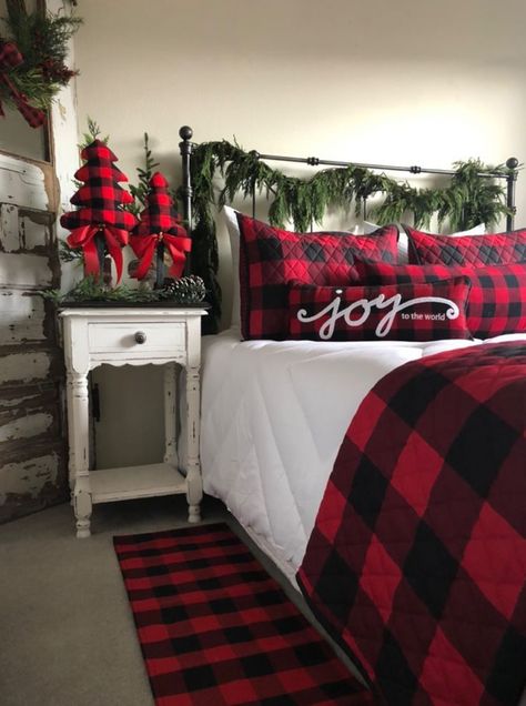 Christmas Bedroom Buffalo Plaid, Buffalo Print Bedding, Plaid Throw Blanket Bedroom, Red Buffalo Plaid Bedroom Master, Plaid Christmas Bedding, Farmhouse Christmas Decor Bedroom, Red Buffalo Plaid Bedroom, Buffalo Plaid Bedroom Decorating Ideas, Red Plaid Christmas Decorations