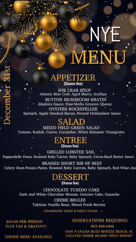 New Years Party Menu Ideas, African American New Years Dinner, Menu For New Years Eve Party, New Year's Eve Dinner Ideas, New Year’s Eve Menu Ideas, New Year Menu Design, Supper Club Menu Ideas, New Years Menu Ideas, New Years Eve Menu Ideas