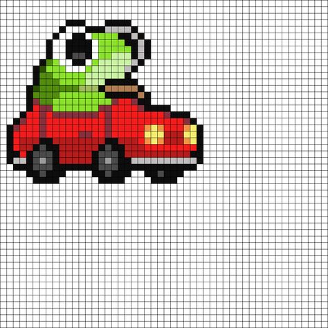 First Frog In Car Drawing, Minecraft Pixel Pattern, Car Perler Bead Pattern, Sloth Perler Bead Patterns, Silly Pixel Art, Perler Beads Car, Frog In A Car, Frog Perler Beads, Car Pixel Art