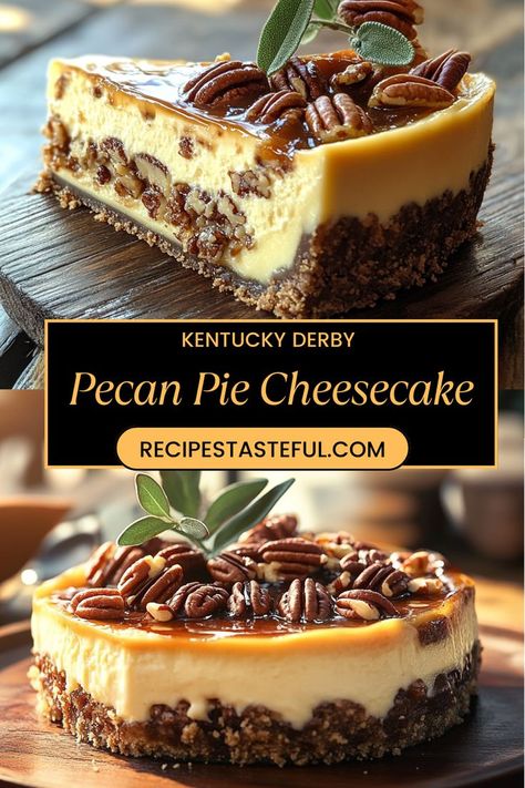 Experience a slice of heaven with this Kentucky Derby Pecan Pie Cheesecake! This indulgent dessert features a luscious layer of rich pecan pie filling nestled atop a velvety smooth cheesecake, all sitting on a buttery graham cracker crust. Perfect for celebrations and special occasions, this unique treat beautifully blends classic Southern flavors for an unforgettable experience. Impress your guests and satisfy your sweet tooth with this delightful twist on a beloved favorite! Ky Derby Pie, Peacon Pie Cheesecake, Pecan Cheesecake Pie Recipe, Kentucky Derby Pecan Pie Cheesecake, Derby Cake Recipe, Bourbon Pecan Cheesecake, Piecaken Recipe, Derby Pie Bars, Bourbon Cheesecake