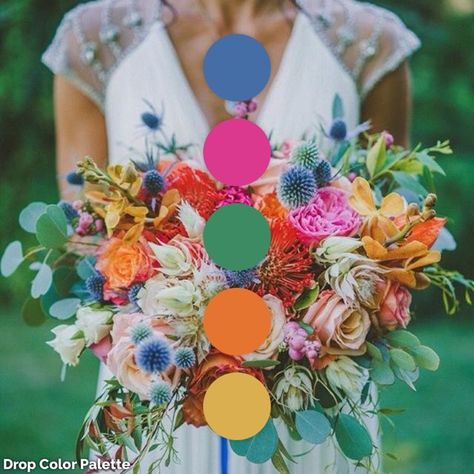 Blue Pink Yellow Wedding Color Palettes, Colbolt Blue Wedding Color Schemes, Vibrant Wildflower Wedding, Wildflower Wedding Color Pallet, Orange Wildflower Wedding, Bright Bridal Flowers, Summer Wedding Colors Bright Colour Palettes, Colorful Wedding Palate, Pink Orange Yellow Blue Wedding