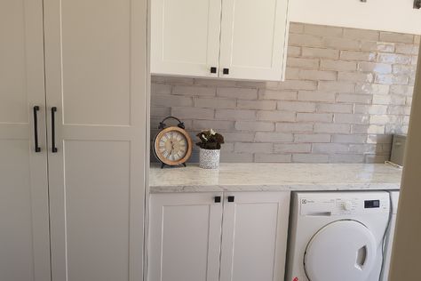 Kaboodle Kitchen, Laundry Cupboard, Cupboard Colors, Flatpack Kitchen, Laundry Makeover, Linen Press, Laundry Design, Real Kitchen, Laundry Room Remodel