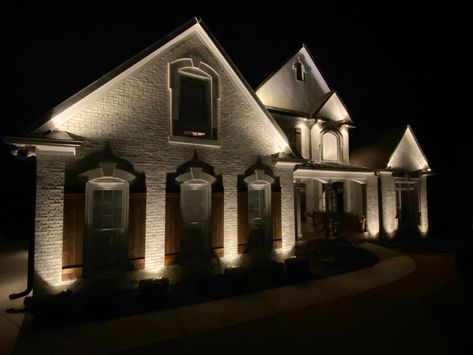 Outside House Lighting Night, House Accent Lighting Exterior, Exterior House Lighting Night, House With Lights Outside, Lighting For Outside House, Exterior Up Lighting, Exterior Accent Lighting, Soffit Lights Exterior, External House Lighting