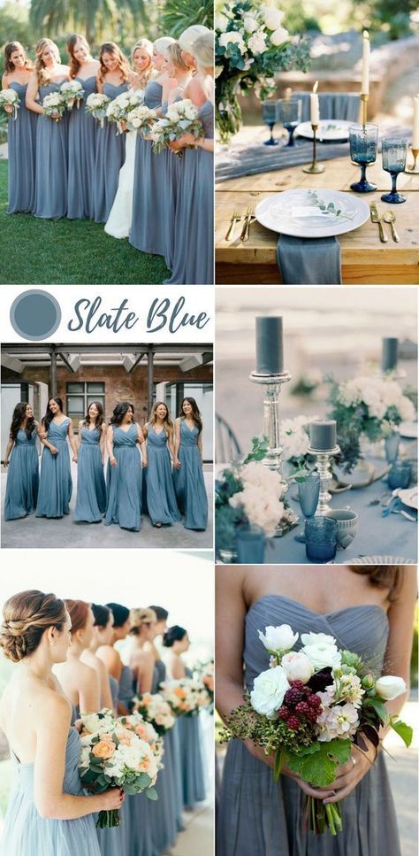 Top 9 Spring & Summer Wedding Color Palettes ---dusty blue/ slate blue, wedding bouquets, wedding table runner, wedding cakes with floral toppers, wedding centerpieces with flowers, table numbers, table ware Bridesmaid Dresses For Summer, Slate Blue Bridesmaid Dresses, Slate Blue Wedding, Wedding Color Palette Summer, Wedding Color Palettes, Preppy Wedding, Wedding Themes Summer, Spring Summer Wedding, Blue Wedding Bouquet