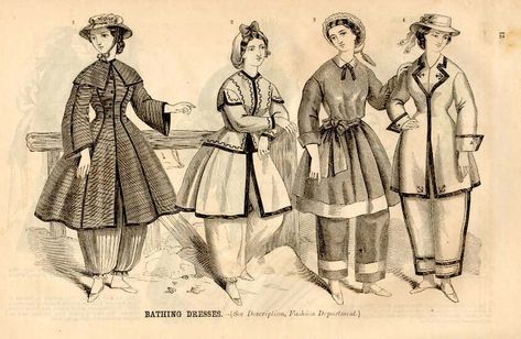 Mackin-Art: The Perils of Online Research or Why It's Important to Evaluate Your Sources  A really interesting blog post about 1860's women's bathing attire.  Also about evaluating source material. Hiking Skirt, Bathing Costumes, Bath Dress, Travel Vintage, 1800s Fashion, Antique Images, Fashion Plates, Historical Clothing, Historical Fashion