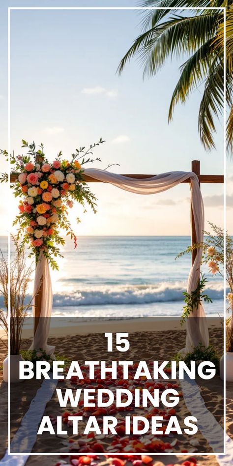 Make your wedding unforgettable with these 15 breathtaking altar ideas! From enchanting forest settings to stunning beach backdrops, find the perfect inspiration to embellish your special day. Picture yourself saying 'I do' under colorful bouquets or elegant drapery. Each choice radiates romance and love. Discover how your wedding altar can reflect your unique story and theme. With these creative ideas, you can set the stage for your dream ceremony you'll always remember. Step into this glamourous make-believe with jaw-dropping designs at every effort. Wedding Arch Beach Ideas, Beach Wedding In The Fall, Beach Wedding Setup Outdoor Ceremony, Small Beach Wedding Ceremony, Beach Wedding Altar, Sunrise Beach Wedding, Beach Wedding Ceremony Decor, Wedding Altar Ideas, Beach Wedding Setup