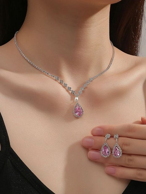 Pink  Collar     Embellished   Fashion Jewelry Pink Jewelry Set, Bride Jewelry Set, Rhinestone Jewelry Set, Embellished Fashion, Fancy Jewelry Necklace, Princess Jewelry, Zirconia Necklace, Rose Bonbon, Cubic Zirconia Necklace