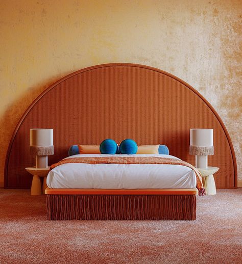 Orange Bedroom Furniture, Orange Headboard, Orange Interiors, Orange Building, Orange Bed, Orange Bedroom Decor, Bedroom Color Combination, Orange Bedroom, Bedroom Orange