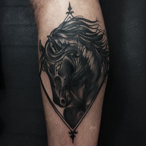 Gorgeous dark horse tattoo.. just amazing.  By @moshink. Angry Horse Tattoo, Dark Horse Tattoo Ideas, Black Horse Tattoo, Dark Horse Tattoo, Fear Nothing, Majestic Wolf, Cowboy Tattoos, To The Unknown, Horse Black