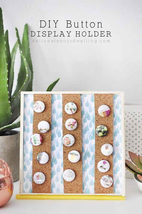 See how easy it is to create a simple DIY Button and Flair Pin Display Holder!! Delineate Your Dwelling Button Display, Enamel Pin Display, Diy Hanging Shelves, Enamel Pin Collection, Diy Buttons, Cork Board, Sticker Collection, Simple Decor, Crafty Ideas