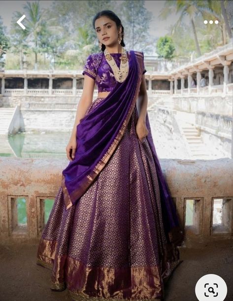 Light Lehanga Design, Pattu Lehenga Blouse Designs Crop Tops, Purple Half Saree South Indian, Pattu Lehenga Half Saree Indian Dresses, Half Saree Draping, Purple Half Saree, Pattu Lehenga Half Saree, Banaras Lehenga, Hamel Patel