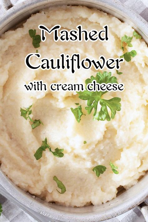 Looking for a lighter alternative to mashed potatoes? Look no further! This mashed cauliflower with cream cheese is just as delicious and satisfying, but with a fraction of the carbs. Keto Mashed Cauliflower, Garlic Mashed Cauliflower, Cauliflower Mashed, Mashed Cauliflower Recipe, Creamy Mashed Cauliflower, Cauliflower Mashed Potatoes, Cauliflower Dishes, Cauliflower Recipe, Low Carb Sides