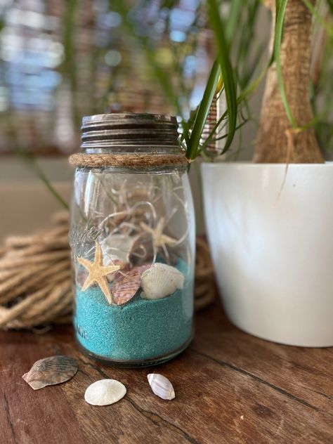 DIY Beach in a Jar. - Etsy Hong Kong Beach In A Jar, Bathroom Aqua, Beach Jar, Diy Beach Decor, Mermaid Birthday Party Decorations, Diy Beach, Shell Print, Jar Art, Sea Crafts