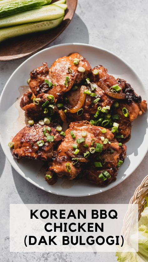 Another easy weeknight dinner: Korean BBQ Chicken also known as Dak Bulgogi! Tender chicken thighs are coated in a sweet, savory, and garlicky marinade. A delicious Chicken Bulgogi recipe that can be cooked in the Air Fryer, on a skillet, or in the oven broiler. Round out the meal with lettuce wraps, perilla leaves, rice, and kimchi. Simple and flavorful! Dak Bulgogi, Chicken Bulgogi Recipe, Rice And Kimchi, Dinner Korean, Chicken Bulgogi, Perilla Leaves, Korean Fried Chicken Recipe, Korean Bbq Chicken, Bbq Chicken Thighs