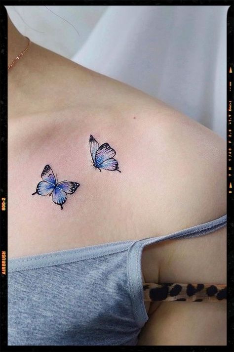 Butterfly Tattoo Collarbone, Butterfly Collar Bone Tattoo, Best Tatto, Butterfly With Flowers Tattoo, Blue Butterfly Tattoo, App Filter, Inspiration Tattoo, Airbrush App, Collar Bone Tattoo