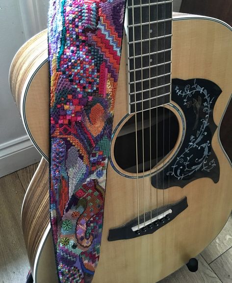 Hand embroidered guitar strap by Brenda Keyes. Embroidered Guitar Strap Diy, Guitar Strap Diy, Crochet Guitar Strap, Guitar Straps Diy, Elvis Guitar, Embroidered Guitar, Crochet Belt, Guitar Tuners, Crochet Creations