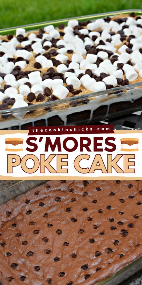 A tasty summer dessert idea for a simple 4th of July dessert! This S’mores Poke Cake recipe transform your boxed cake mix into a delectable summer dessert full of yummy layers. The perfect way to cap off a summer gathering! Cakes For Bbq Party, Easy S’mores Poke Cake, Dessert Recipes Labor Day, Chocolate Potluck Desserts, Desserts To Take To A Cookout, Desserts For Team Dinners, Bbq Cookout Desserts, Marshmallow Chocolate Poke Cake Recipe, Cookout Desserts For A Crowd Easy