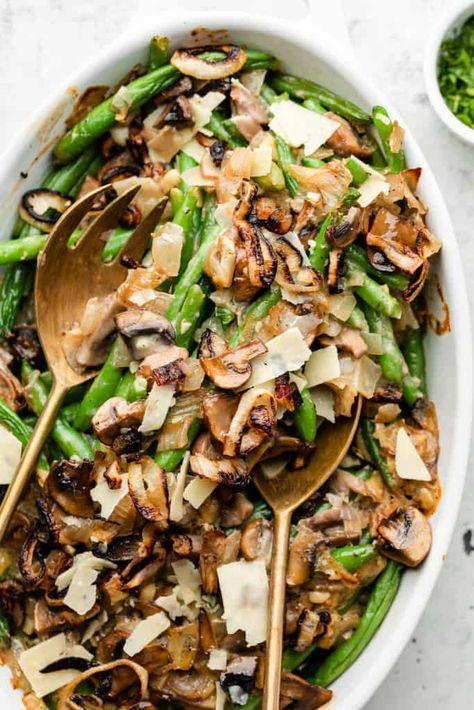 Healthy Green Bean Casserole - Erin Lives Whole Fresh Green Bean Casserole, Erin Lives Whole, Healthy Green Bean Casserole, Healthy Green Beans, Green Beans Side, Green Beans Mushrooms, Healthy Beans, Parmesan Green Beans, Greenbean Casserole Recipe