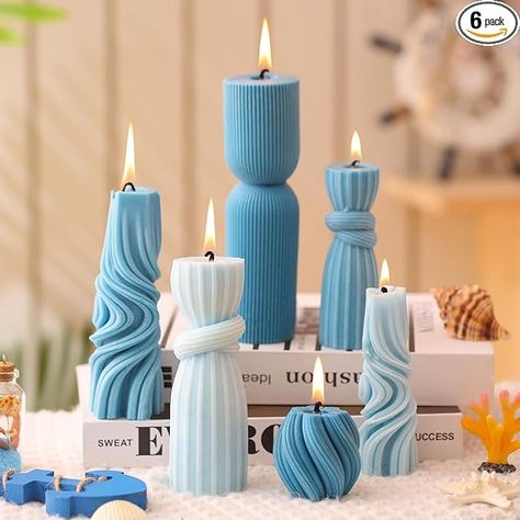 Amazon.com: Threlaco 6 Pcs Small Pillar Candles Aesthetic Candle Modern Ribbed Candles Set Cute Soy Wax Scented Ribbed Candle Twirl Geometric Decorative Candles for Home Decor for Living Room Bathroom(Blue) : Home & Kitchen Swirl Aesthetic, Ribbed Candles, Bathroom Purple, Bathroom Blue, Candle Modern, Aesthetic Candle, Candles Aesthetic, Purple Bathrooms, Decorative Candles