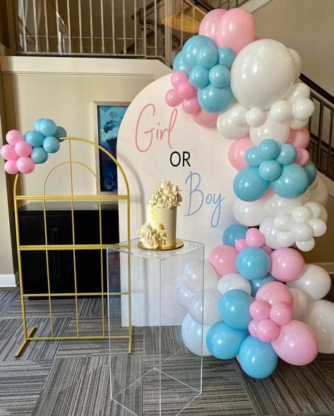 Baloon Garland Ideas Gender Reveal, Gender Reveal Round Balloon Arch, Circle Arch Gender Reveal, Pink And Blue Gender Reveal Balloon Arch, Gender Reveal Balloon Circle Arch, Gender Reveal Dessert, Virtual Baby Shower Ideas, Simple Gender Reveal, Gender Reveal Baby Shower Themes