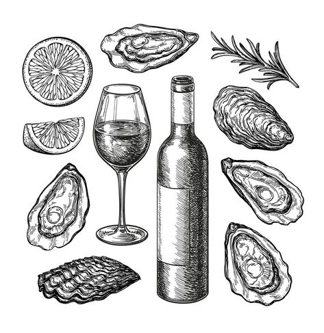 Wine and oysters with lemon and rosemary. Bottle and glass. Ink sketch set isolated on white background. Hand drawn vector illustration. Retro style. Small Oyster Tattoo, Oyster Drawing, Oyster Sketch, Oyster Line Drawing, Oyster Tattoo, Oyster Illustration, Oyster Illustration Design, Wine Illustration, Food And Wine Illustration