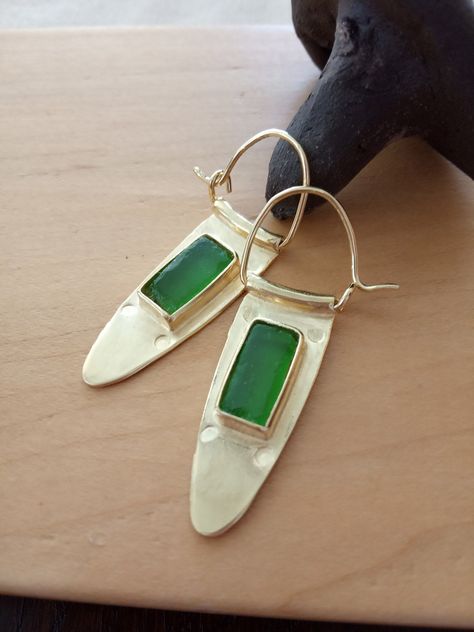 Thanks for the kind words! ★★★★★ "The earrings are well made, beautifully designed, and the green glass is lovely." Valerie Moss https://etsy.me/32360Ou #etsy #green #gold #rectangle #geometric #women #glass #earlobe #no #yes Hacienda Wedding, Earrings Gold Hoops, Silver Gold Earrings, Carnelian Jewelry, Ear Jacket Earring, Jewelry Beach, Ancient Designs, Hammered Earrings, Unusual Earrings