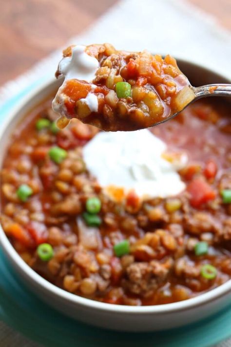 Instant Pot Ground Turkey Lentil Chili - 365 Days of Slow Cooking and Pressure Cooking Ground Turkey Lentil, Chili Recipe Instant Pot, Turkey Lentil Chili, Ground Chicken Chili Recipe, Crockpot Ground Turkey, Turkey Lentil Soup, Turkey Lentil, Ground Turkey Chili Recipe, Lentil Chili Recipe