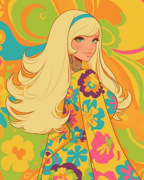 🌸✨ Embracing the groovy 70s spirit in full color. . . . #GoGoGirl #Throwback #RetroChic #GroovyGirl #FlowerPower #VintageVibes #70sFashion #RetroStyle #HippieChic #Psychedelic #ColorfulLife #PeaceAndLove #BohoStyle #ClassicLook #TimelessBeauty #FashionInspo #BlastFromThePast #RetroRevival #FashionFlashback #GoodVibes #FlowerChild 70s Oc Art, 70s Inspired Illustration, 70s Style Illustration, 70s Art, 70s Aesthetic Flower Power, Retro Flower Character, Blue And White Art, Hair Illustration, Cottagecore Art