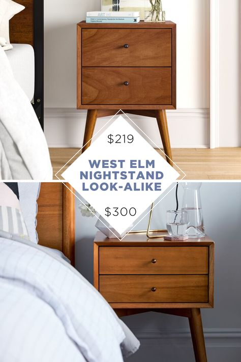 These West Elm mid century bedside tables are beautiful, but we have copycat home decor dupes for less! We love West Elm's furniture, but it can be pricey. So why not get the look for less? #mcm #westelm #nightstand #bedroom #decor #inspiration West Elm Bedroom, West Elm Nightstand, Restoration Hardware Cloud, West Elm Mid Century, West Elm Furniture, Midcentury Bedside Table, West Elm Bedding, Mid Century Bed, Mid Century Modern Nightstand