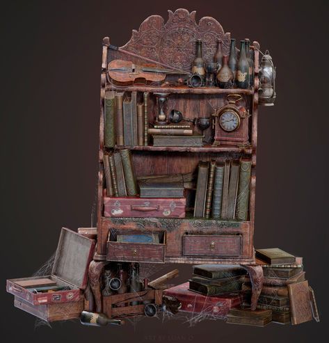 ArtStation - The Bookshelf, Luan Oliveira ☯ Antique Bookshelf, Props Concept, Environment Props, 3d Props, Props Art, Fantasy Props, Game Props, Substance Painter, Very Busy