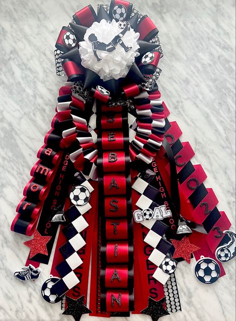 Soccer themed boys homecoming garter mum Boy Homecoming Mum, Mum For Boys Homecoming, Homecoming Mum Themes, Guy Mums Homecoming, Soccer Garter Homecoming, Soccer Mums Homecoming, Boys Homecoming Mum Garter, Boy Mums Homecoming, Boys Mums Homecoming