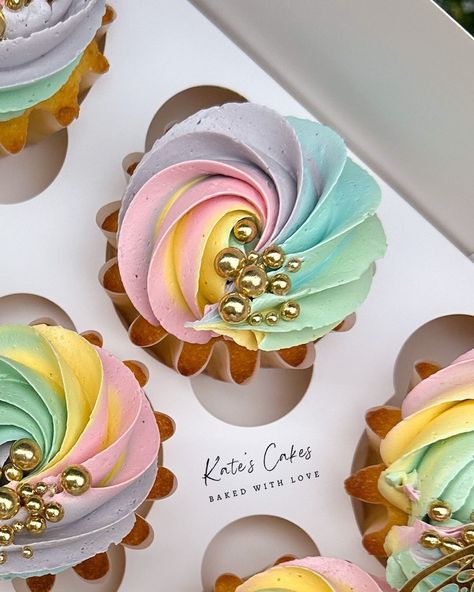 Rainbow swirls Cupcake liners and butterflies 🦋 @moreish.cakes Colours @colour.mill Sprinkles @inspiredbyzaraz Piping tips… | Instagram Pastel Cupcakes Birthday, Pastel Rainbow Cupcakes, Squishmallow Cake, Cupcake Swirl, Colourful Cupcakes, Cupcake Piping, Swirl Cupcakes, Pastel Cupcakes, Gold Sprinkles