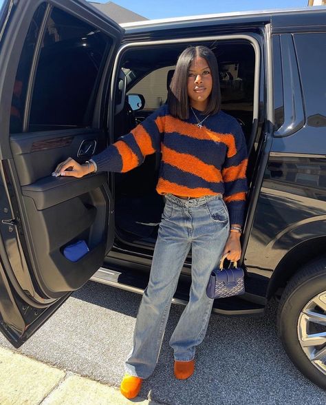 Fly Black Women Outfits, Orange Blue Outfit, Blue Orange Outfit, Chill Fall Outfits, School Outfits Black Women, School Outfit Black Women, Fly Outfit, Fasion Outfits