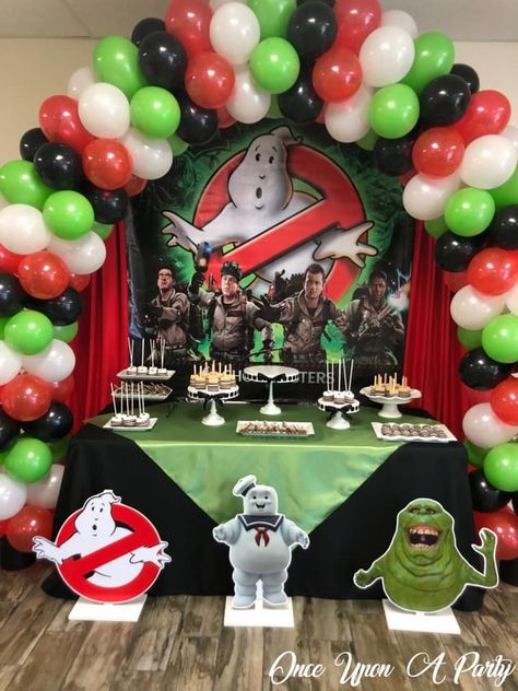 Ghostbusters Balloon Garland, Ghostbusters Party Ideas Decoration, Ghostbuster Halloween Decorations, Ghostbusters Theme Party, Ghostbusters Birthday Party Decorations, Ghostbuster Birthday Party, Ghost Buster Birthday Party Ideas, 7th Birthday Party For Boys, Ghostbuster Birthday