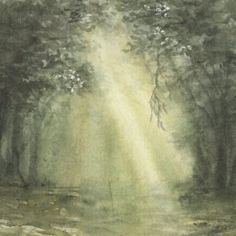 Watercolor painting of an atmosphere green forest with light streaming through the trees Fall Art Watercolor, Forest In Watercolor, Watercolor Forest Landscape, Forest Watercolor Painting, Forest Watercolor, Watercolour Forest, Watercolor Forest, Fairycore Watercolor, Watercolor Scenery Painting