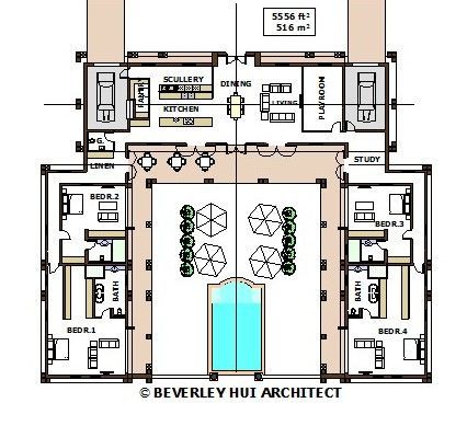 floorplan U Shape Floor Plans With Pool, U Shaped House Plans With Pool In Middle, U Shaped House Plans, U Shaped Houses, Single Storey House Plans, Unique Floor Plans, Kitchen Floor Plans, Pool House Plans, Mediterranean House Plans